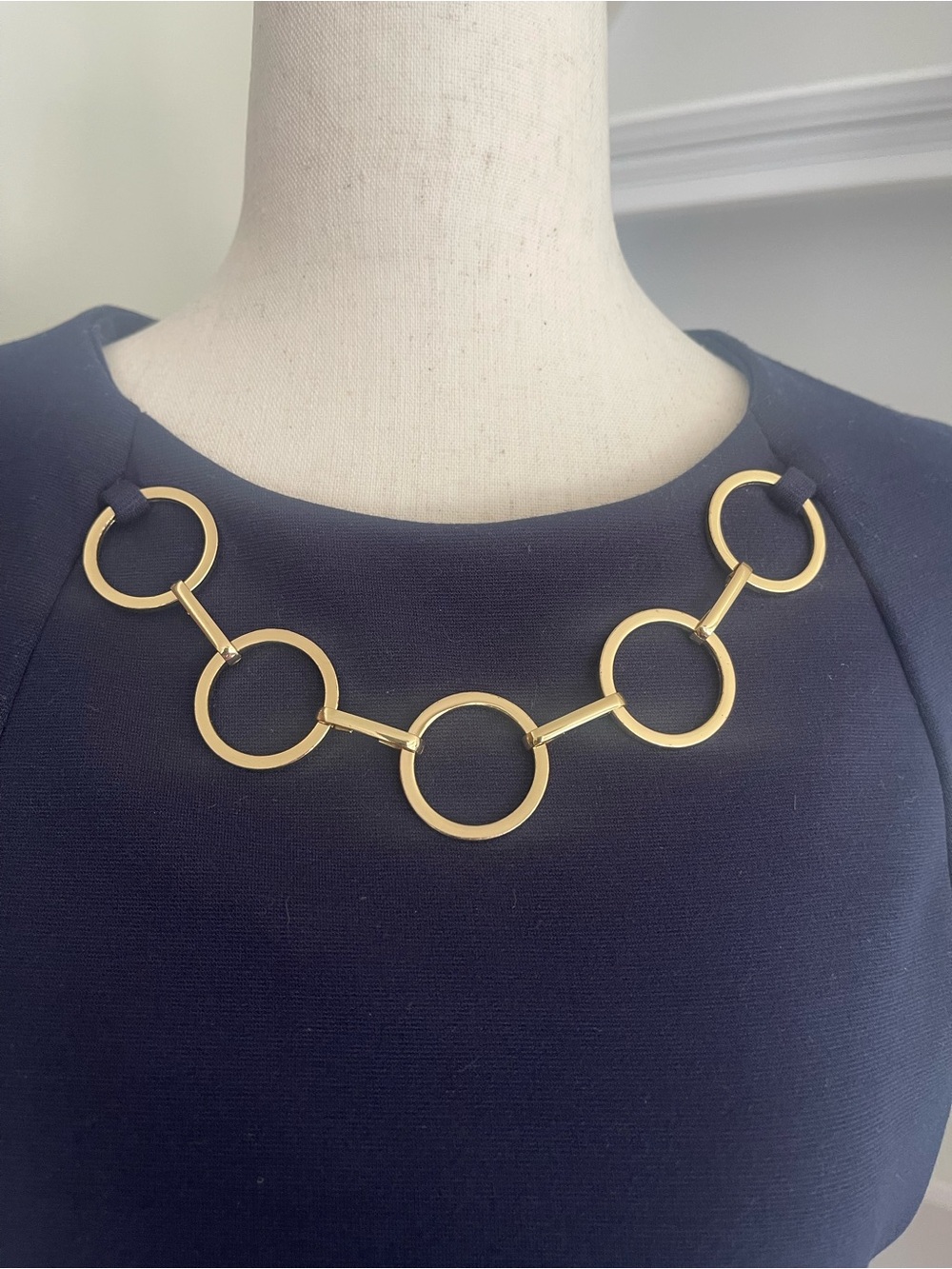 Calvin Klein Navy Midi Sheath Dress with Gold Ring Detail- NEW WITHOUT TAGS - Picture 5 of 7